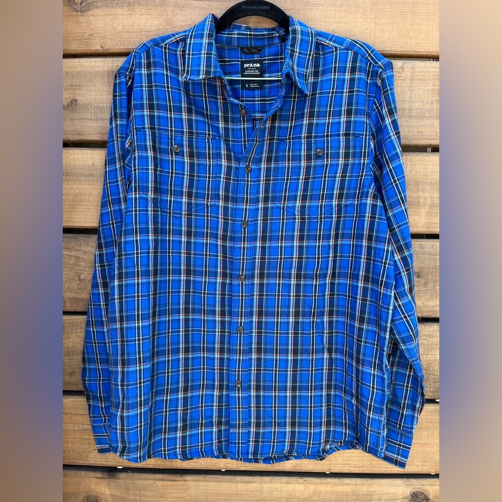 NWT Prana brand Dolberg flannel shirt, royal blue, men’s sz Small Tall